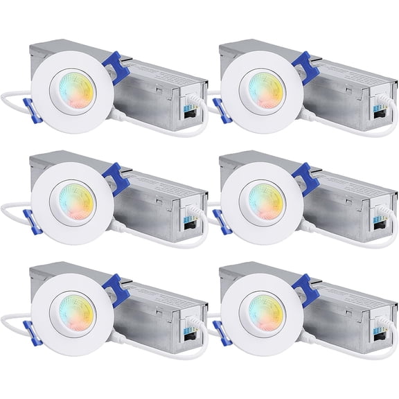 2 Inch 5CCT Gimbal LED Recessed Light with J Box, Adjustable Direction, Dimmable 6W 360LM CRI90+ Swivel Eyeball Canless Downlight, 27003000350040005000K Selectable, ETL, Pack of 6
