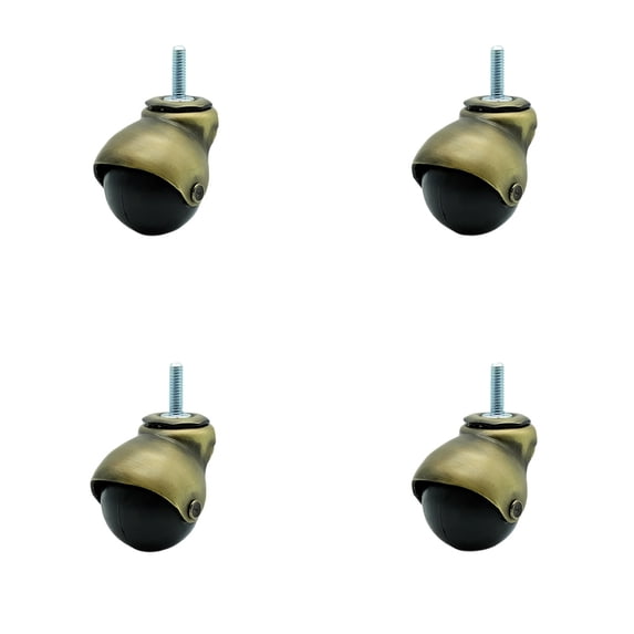 2 Inch Antique Brass Hooded 5/16 Inch Threaded Stem Ball Caster Set of 4 SCC