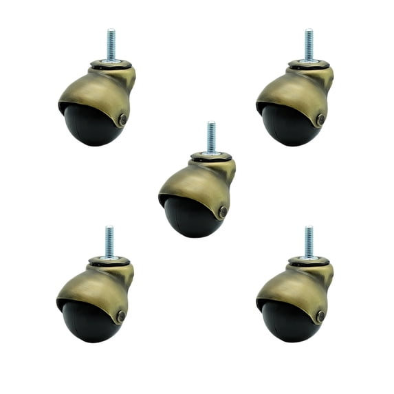 2 Inch Antique Brass Hooded 5/16 Inch Threaded Stem Ball Caster Set of 5 SCC
