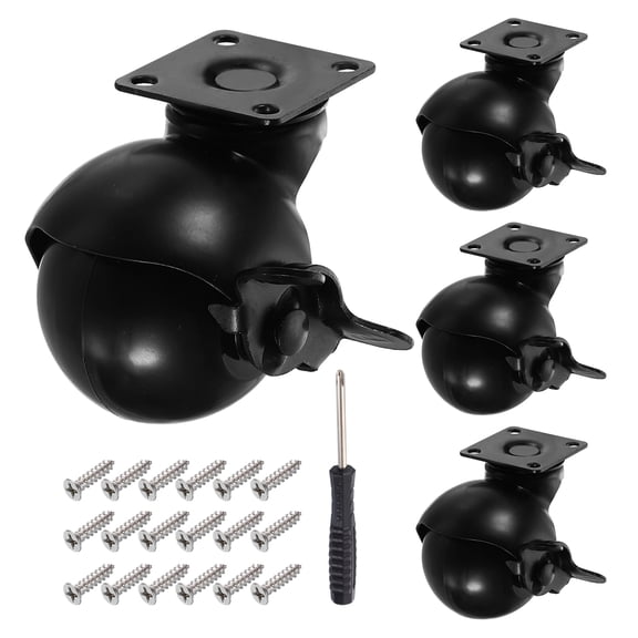 2 Inch Ball Caster Wheels, Swivel Furniture Casters with Brake/ Plate Mount/Screw/Screwdriver, Black 4 Pcs