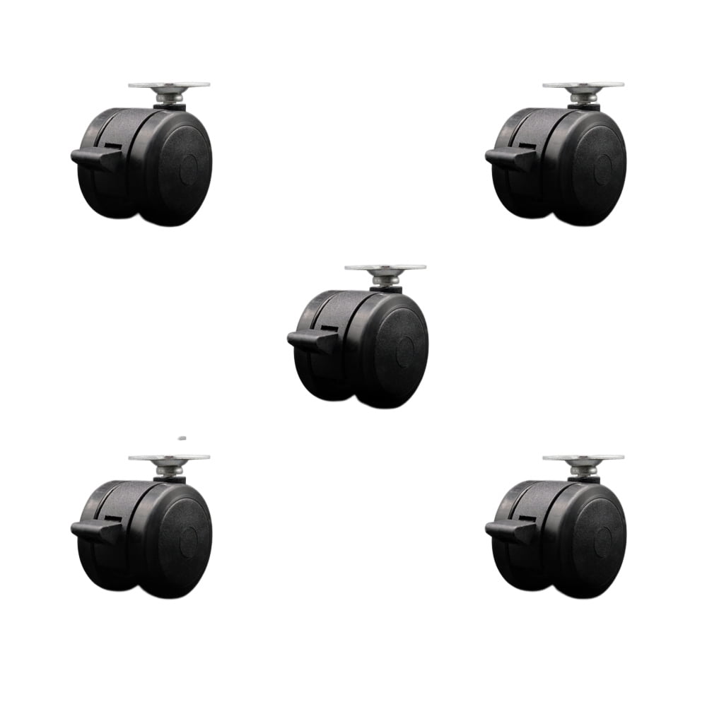 2 Inch Black Floor Safe Twin Wheel Casters with Brakes Top Plate Set of 5 SCC