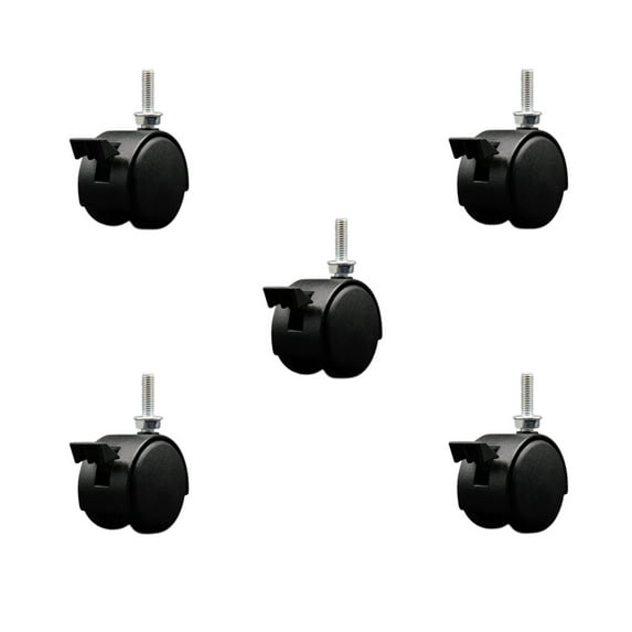 2 Inch Black Metal Hood Twin Caster Locking Nylon Wheel 5/16 Thread Stem Set 5