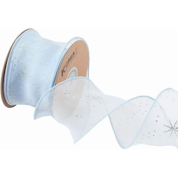 2 Inch Blue Sheer Organza Ribbon Glitter Ruffled Edge Trim Christmas Silver Shimmer Snowflake Print Ribbons Bulk with Spool for Sewing Making Crafts Gift Wrapping Wreaths Party Birthday DIY