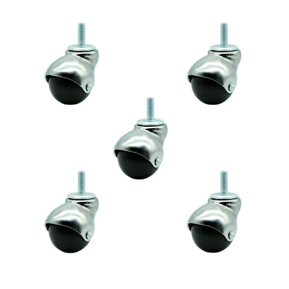 2 Inch Bright Chrome Hooded 3/8 Inch Threaded Stem Ball Casters Set of 5 SCC