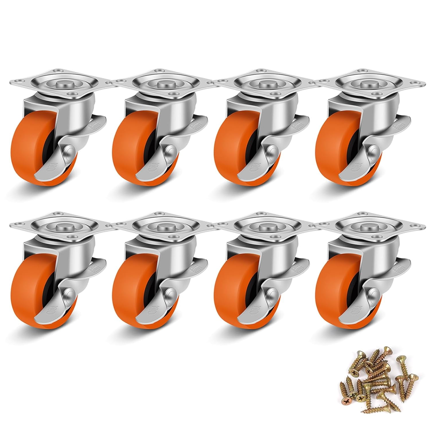 2 Inch Caster Wheels, Casters Set of 8,Heavy Duty Caster with Brake,Top Plate Swivel Wheels Industrial Castors Polyurethane Wheel, Locking Castor for Furniture Carts and Workbench
