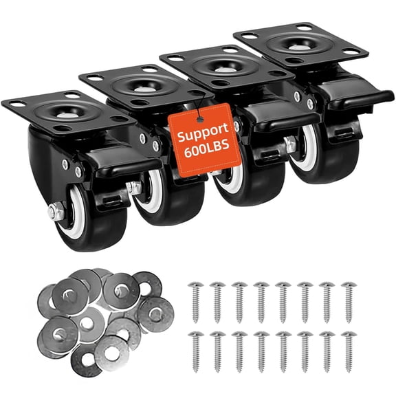 2 Inch Caster Wheels Set of 4 with Dual Locking Brake, 600Lbs Heavy Duty Swivel Plate Castors, Quiet Polyurethane PU Wheels for Workbench, Furniture, Cart