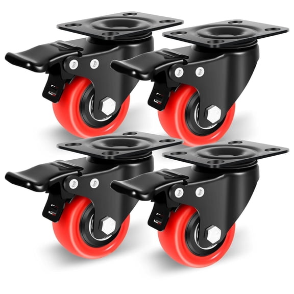 2 Inch Casters Set of 4, Heavy Duty Top Plate Caster Wheels with Brake 600 Lbs, Dual Locking Furniture Castors, 360 Degree Swivel Casters, No Noise Polyurethane Wheels for Cabinet, Furniture