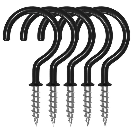 2 Inch Ceiling Screw Hooks – 5PC Black Plastic Coated Self Tapping Hooks for Hanging Plants, Cups, Lights, Rust Resistant Cup Hooks for Wood, Drywall, and Ceiling, Heavy Duty Indoor Outdoor Use