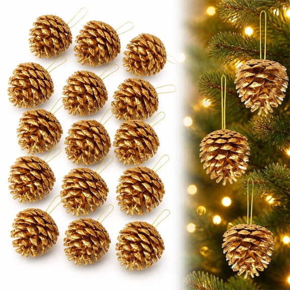 2 Inch Christmas Natural Pine Cones Picks, Artrylin 30Pcs Gold Snow Pine Cone Hanging with String Pinecone Christmas Tree Decorations Home Holiday Party DIY