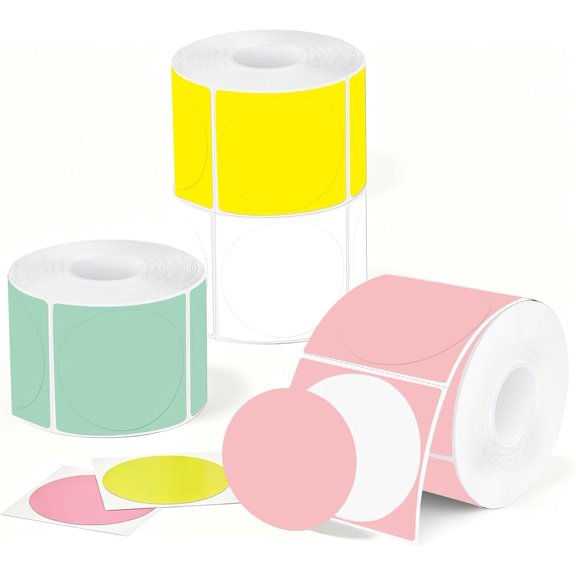 2 Inch Color Circle Thermal Sticker Label, Self-Adhesive Round Direct Thermal Label for Logo Design, QR Code, White Pink Green Yellow, 2000 Sheets/4 Rolls