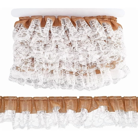 2 Inch Double Layers Ruffle Chiffon Lace Ribbon 5 Yards Pleated Satin Lace Edge Trim Peru Edging Trimmings Tulle Fabric for Cloth Applique Embellishment DIY Sewing Crafts