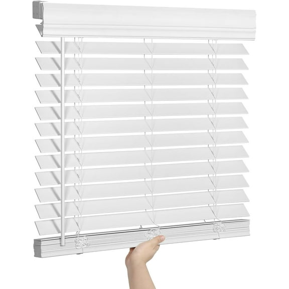 2 Inch Faux Wood Blinds with Crown Valance, Cordless Room Darkening, Horizontal Wooden Shades, White, 30x48 Inches