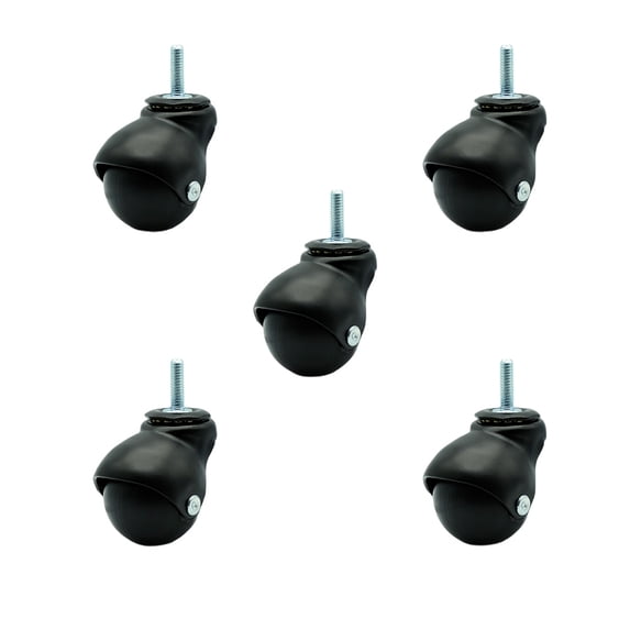 2 Inch Flat Black Hooded 5/16 Inch Threaded Stem Ball Caster Set of 5 SCC