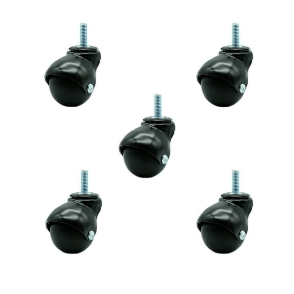 2 Inch Gloss Black Hooded 3/8 Inch Threaded Stem Ball Casters Set of 5 SCC