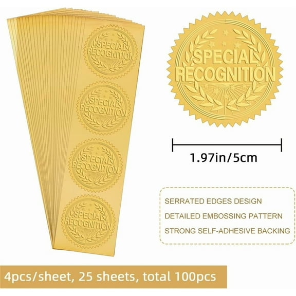 2 Inch Gold Embossed Envelope Seals Stickers Special Recognition 100pcs Adhesive Embossed Foil Seals Stickers Label