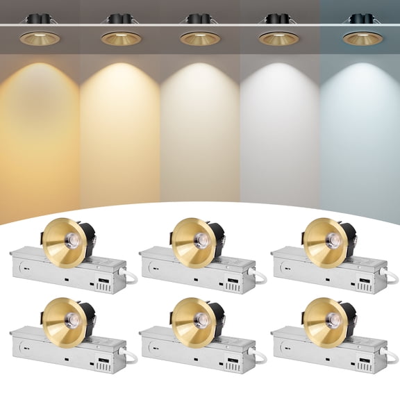 2 Inch Gold Recessed LED Lights, Anti-Glare COB Canless Ceiling Spotlight, 5CCT Selectable 2700K-6000K, 130LM/W, 8W, RA95 Small Exterior Soffit Lights, Dimmable, ETL, IP44 Damp Rated, 6-Pack