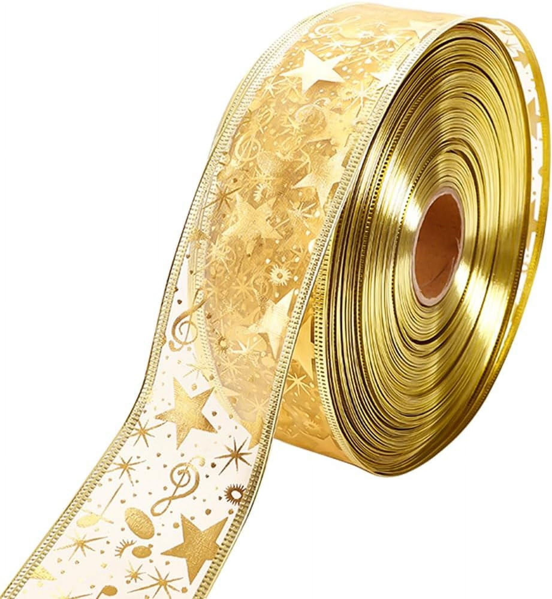 2 Inch Gold Star Wired Ribbon Wide Christmas Transparent Sheer Ribbon ...