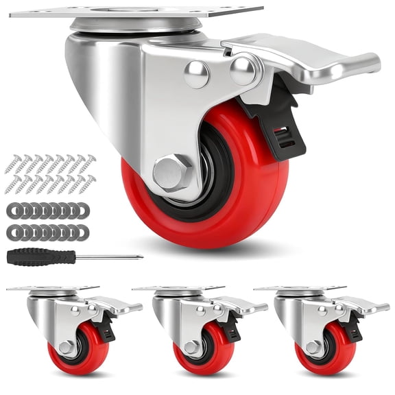 2 Inch Industrial Heavy Duty Swivel Caster Wheels with Brake,Set of 4 Safety Locking Casters,Load 600lbs,Premium Polyurethane Wheels for Table,Trailer,Saw Table,Stage Toolbox,Bed,Corn Board