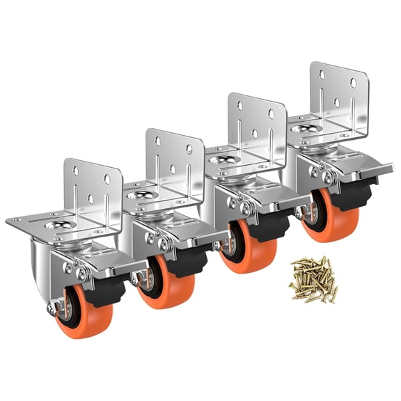 2 Inch L-Shaped Caster Wheels Set of 4, Side Mount Swivel Casters with Brake, Polyurethane Furniture Casters for Baby Bed Cabinet Drawer, 360 Rotating Double Ball Bearing