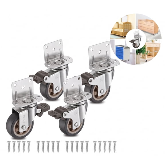 2 Inch L-Shaped Side Mount Caster Wheels Set of 4, Swivel TPR Rubber Casters with Dual Lock Brakes for Furniture