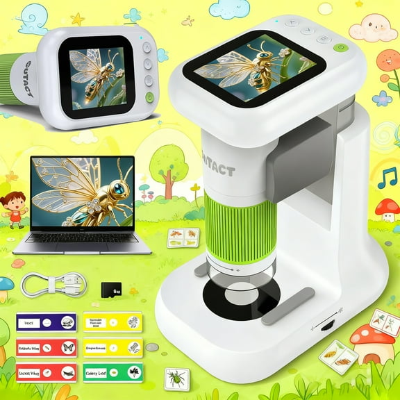 2-Inch Long Lens Kids Microscope - White & Green + 6 Prepared Slides + 8GB Memory Card