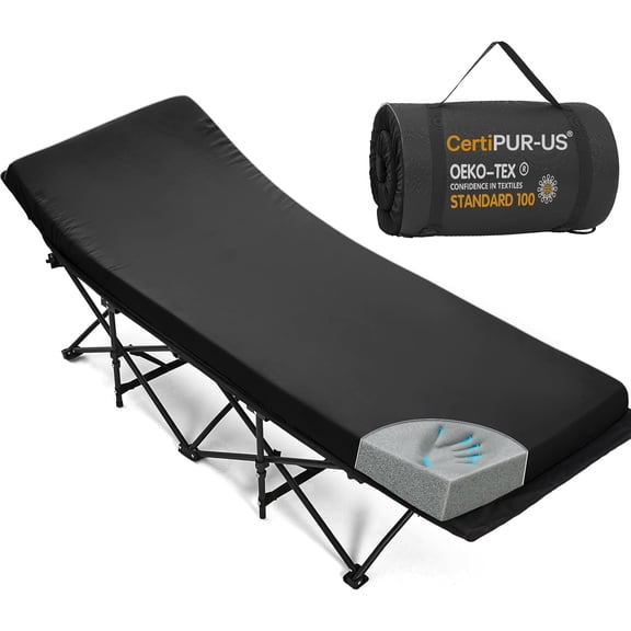 2 Inch Memory Foam Camping Cot Pad for Folding Cots, Non-Slip Waterproof Bottom, Removable Cover, Black, COT (75x30x2)