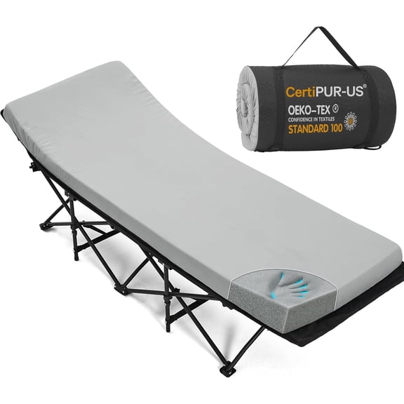 2 Inch Memory Foam Camping Cot Pad with Non-Slip Waterproof Bottom and Removable Cover, COT (75x30x2), Grey
