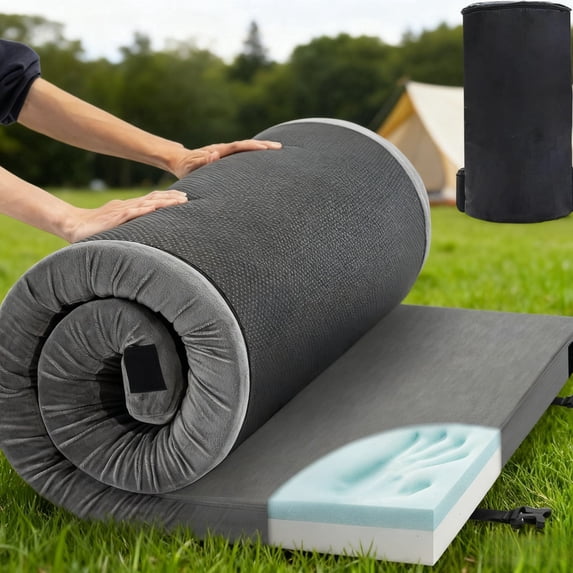 2 Inch Memory Foam Camping Pad, Fits RV Roll Up Sleeping Pad for Adults, Comfortable Thick Floor Sleeping Mats for Car Truck Tent with Removable Travel Bag
