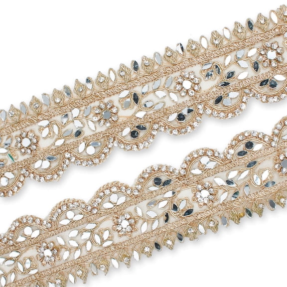 Lace Trim 2 in. Mirror Diamond Rhinestone Reflective Metallic Cording On Sheer Polyester Mesh - Champagne (1 Pack, 9.8 Yards)