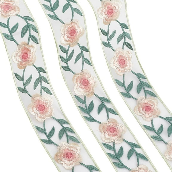 2 Inch Pink Embroidered Jacquard Trim Tape Organza Floral Embroidery Ribbon Polyester Boho Flower Woven Fabric Applique Ribbons Bulk for Sewing Crafts Wedding Gift Wrapping Home Decor Supply 1set