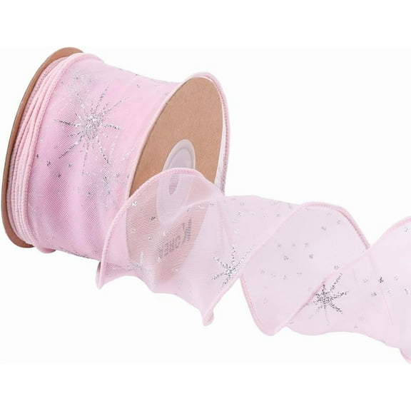 2 Inch Pink Sheer Organza Ribbon Silver Shimmer Glitter Ruffled Edge Trim Christmas Snowflake Print Ribbons Bulk with Spool