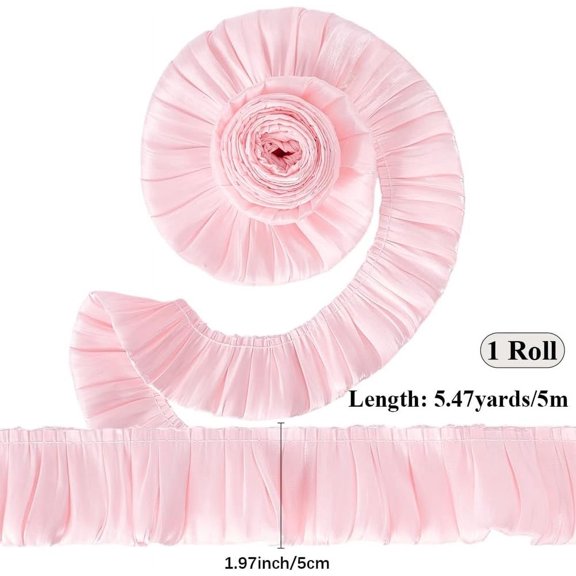 2 Inch Pleated Ribbon Trim Pink Vintage Satin Gathered Ruffle Edge Trimming Polyester Double Layer Ruffled Fabric Applique Ribbons for Sewing Making Crafts Wedding Bridal Clothes DIY Decor