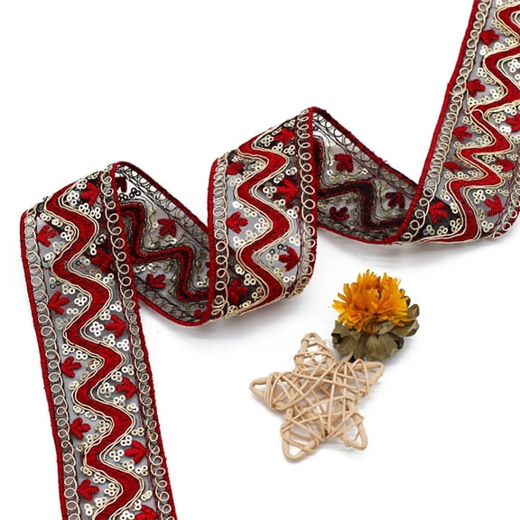 2 Inch Red Gold Embroidery Ribbon Sequin Bead Metallic Vintage Embroidered Ribbons Jacquard Woven Fabric Applique Trim Tape DIY