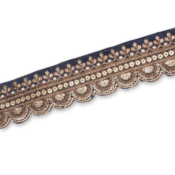 2 Inch Regal Gold Metallic Sequined Cording On Plain Woven Trim By The Yard for Sewing, Crafts, Decor, or Upholstery (Navy Blue / 1 Yard)