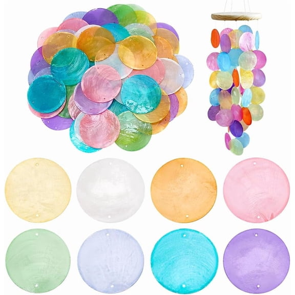 2 Inch Round Shells Pieces 80pcs 8 Colors Round Slice Capiz Shell Discs Sea Shells Coin Bead Connector with 1.5mm Double Hole for Wind Chimes Curtain Lamp Shade Craft Jewelry Making