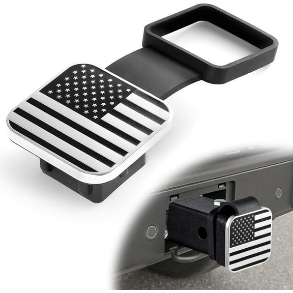 2 Inch Rubber Trailer Hitch Cover, American Flag Rubber Hitch Tube Cover Plug Cap, Car Exterior Accessories Fits for Most Vehicles Hitch Receivers, Hitch Cover Tube Plug Cap (Silver-Black)