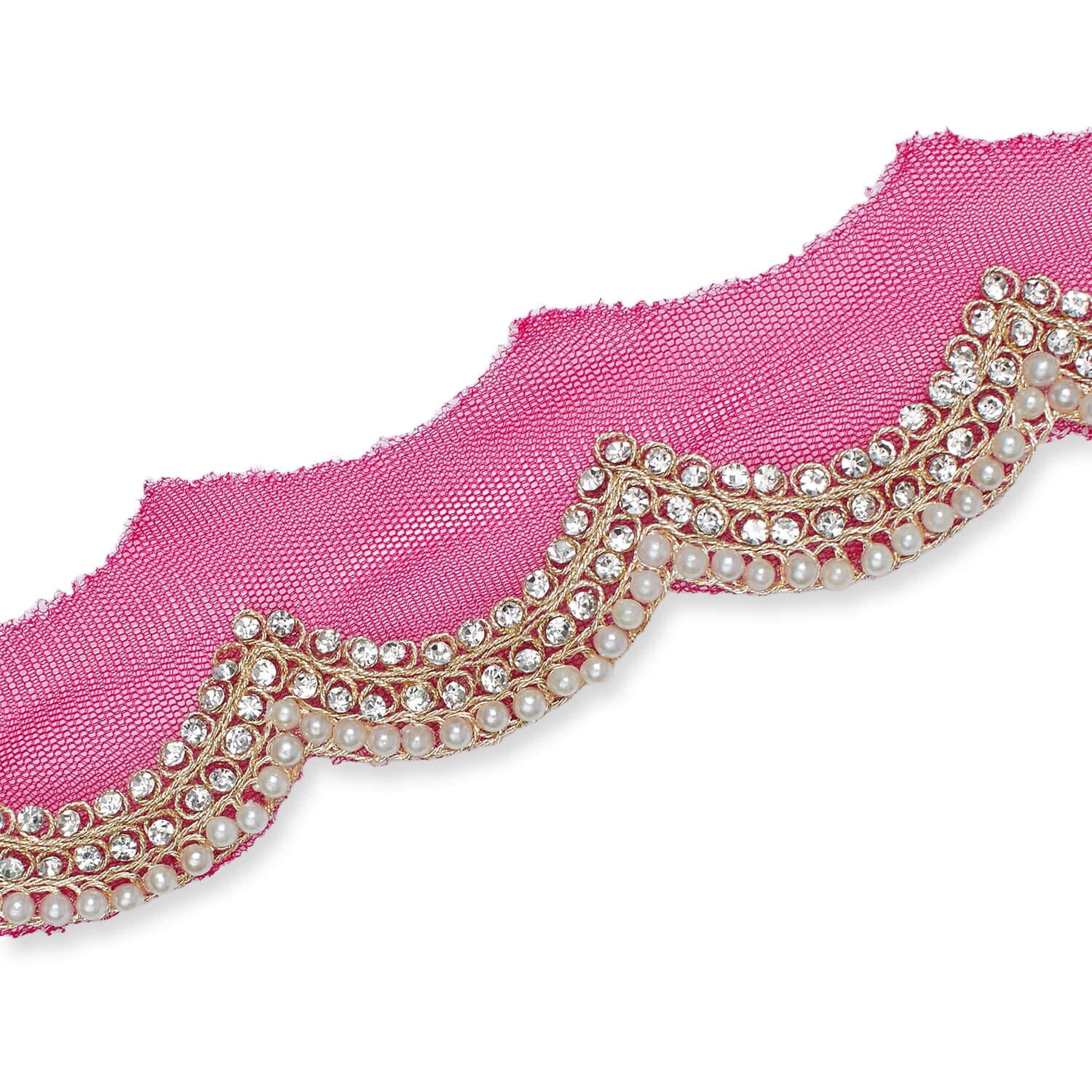 2 Inch Scalloped Regal Rhinestones Beads & Metallic Cording On Polyester Mesh Trim By The Yard For Sewing, Crafts, Decor, Or Upholstery - Fuchsia (1 Yard)