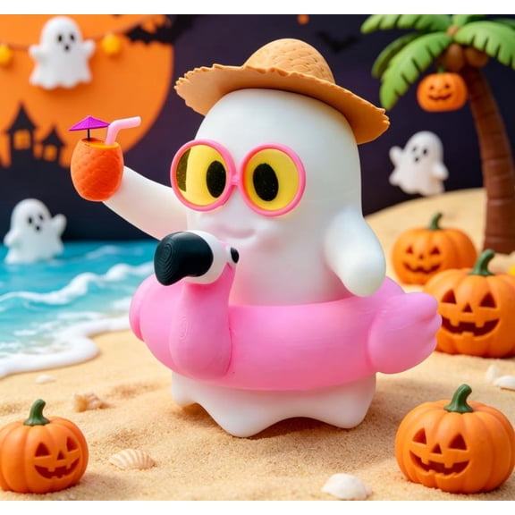 2 Inch Small Ghost Ornament, 3D Printed Summerween Beach Banshee Figure, Summer Halloween Decor with Flamingo Swim Ring, Shelf Decoration, Surprise Gift for Friends