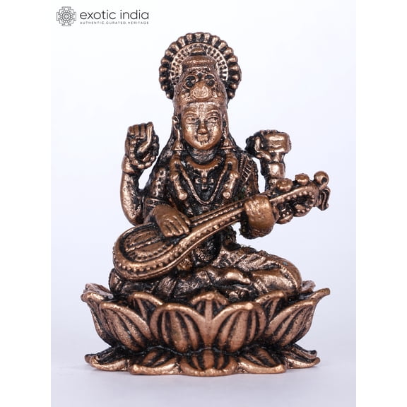 2 Inch Small Maa Saraswati Copper Statue on Lotus - Knowledge Goddess