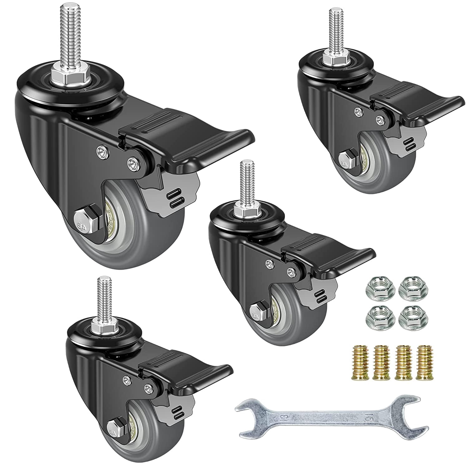 2 Inch Swivel Caster Wheels Set of 4, Metric M8-1.25 Threaded stem(Bolt Diameter 8mm, Length:1″) Durable Soft Rubber casters with Double Lock Mechanism, castors for Carpet Hardwood Floor