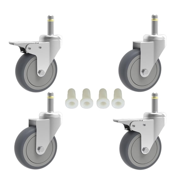2-Inch Swivel Stem Caster, 7/16-Inch Diameter Grip Ring Stem Rubber Wheel, Thermoplastic Rubber TPR Replacement Wheels - 4 Pack(2 Brakes 2 Swivel)