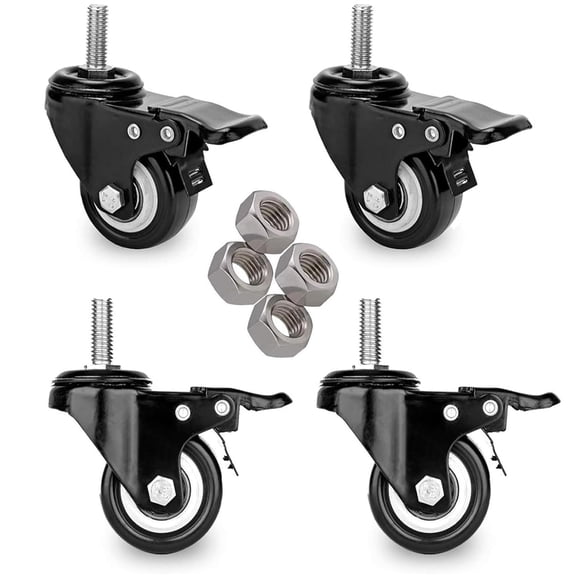 2 Inch Swivel Stem Casters Heavy Duty Double Locking, 600lbs Load Capacity, 3/8-16x1 Threaded Castors with Brakes, Noiseless, Set of 4 Industrial for Furniture, Carts(Black)