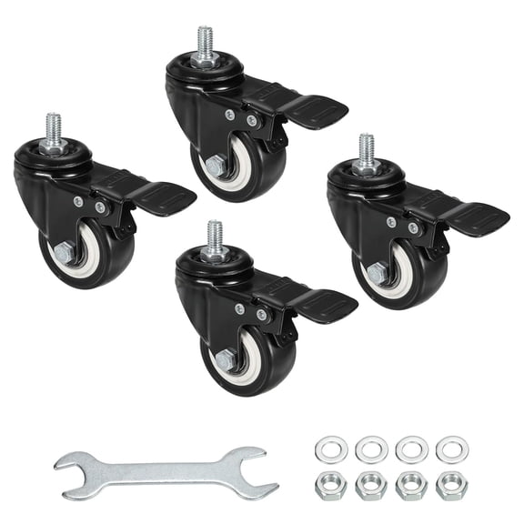 2 Inch Swivel Threaded Stem Casters M8x15mm Thread PU Caster Wheel with Brake 110lbs Load for Furniture Carts, Black 4pcs