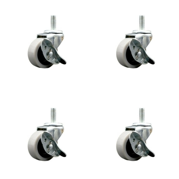 2 Inch Thermoplastic Wheel 3/8 Threaded Stem Caster Set with Brakes Set of 4 SCC
