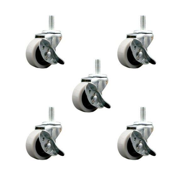 2 Inch Thermoplastic Wheel 8mm Threaded Stem Caster Set with Brakes Set of 5