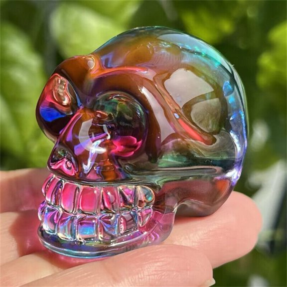 2-Inch Titanium Rainbow Halo Smelted  Skull Crystal Hand-carved Statue 1 Piece -