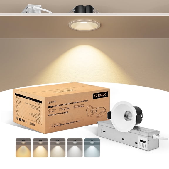 2 Inch White Recessed LED Lights, Anti-Glare COB Ceiling Spotlight, 5CCT Selectable 2700K-6000K, 130LM/W, RA95 Small Exterior Soffit Lights Canless, 8W, Dimmable, ETL, IP44 Damp Rated, 6-Pack