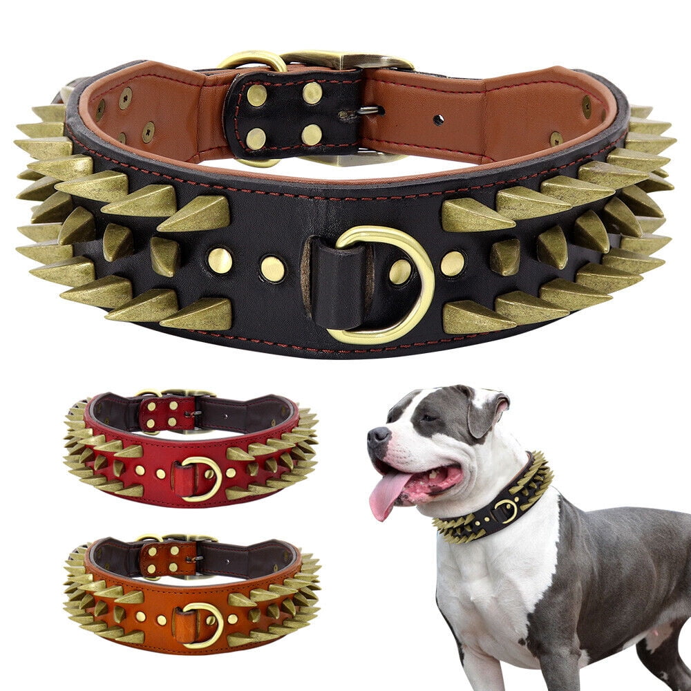 Inch Width Genuine Leather Spiked Dog Collar,Heavy Metal Buckle
