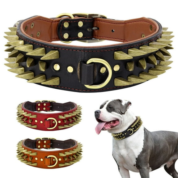 2 Inch Width Genuine Leather Spiked Dog Collar,Heavy Metal Buckle 3-Row Studded Dog Collar,Fit Pitbull,Medium & Large Dogs