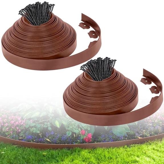 2-Inch x 100 FT Landscape Edging Border with 150 Spikes, Plastic Edging for Landscaping Garden Edging Border, Flexible Landscaping Edging for Garden Flower Beds Yard Lawn Pathway Paver (Brown)